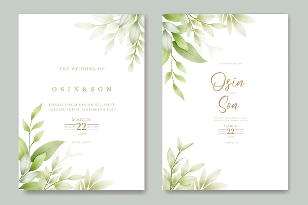 Wedding invitation Card with Green Leaves watercolor