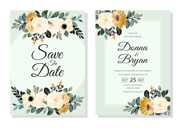 wedding invitation card with green yellow floral watercolor