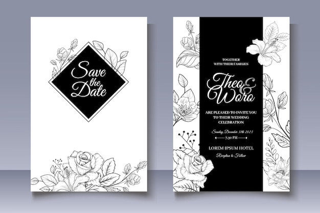 Wedding invitation card with hand drawn floral decoration