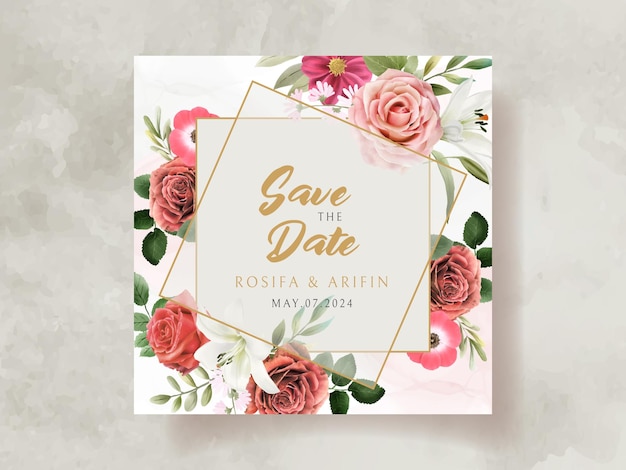 wedding invitation card with illustration of lily and roses watercolor