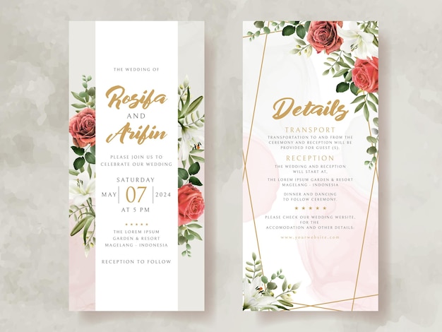 wedding invitation card with illustration of lily and roses watercolor