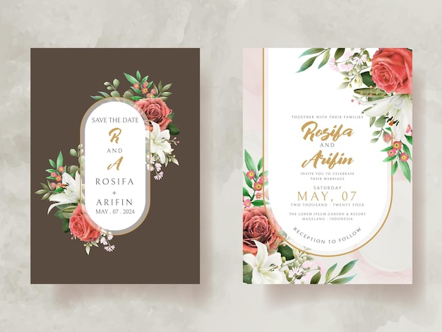 Свадебное приглашение с иллюстрацией лилии и розы акварелью