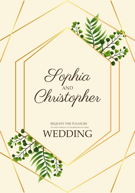 Wedding invitation card with leaves in golden frame  illustration 