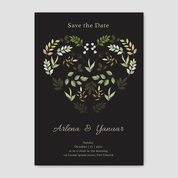 Wedding invitation card with leaves love vector