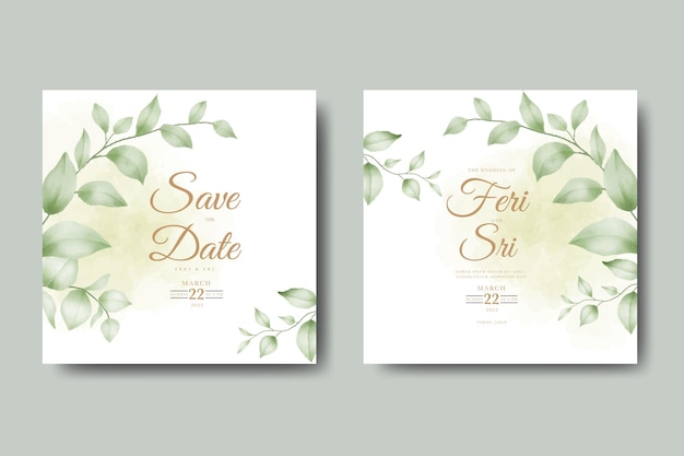 wedding invitation card with leaves watercolor