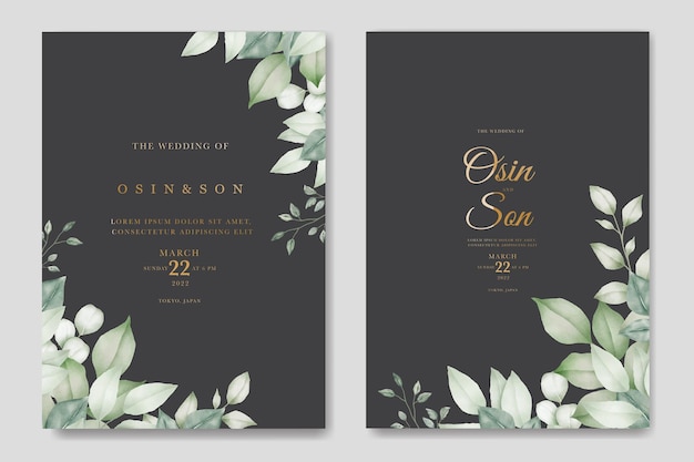 Wedding Invitation Card With Leaves Watercolor