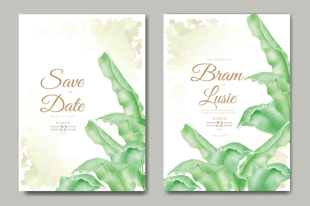 wedding invitation card with leaves watercolor