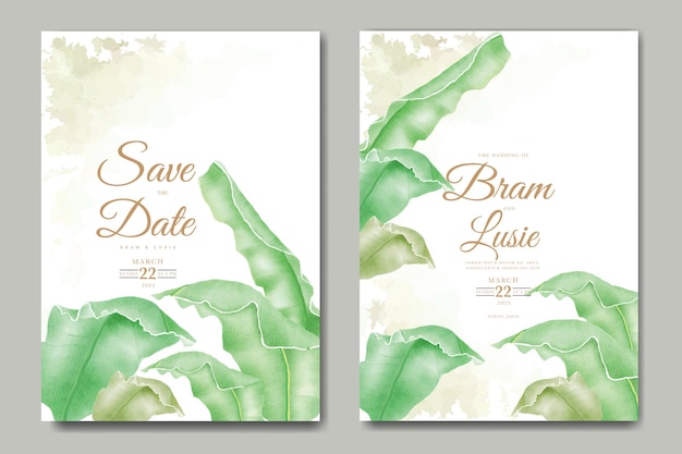 Wedding invitation card with leaves watercolor