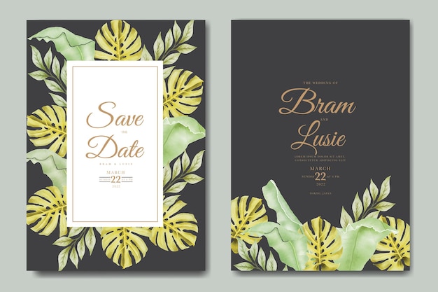 wedding invitation card with leaves watercolor