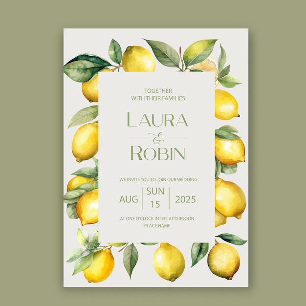 Vector wedding invitation card with lemon brunches