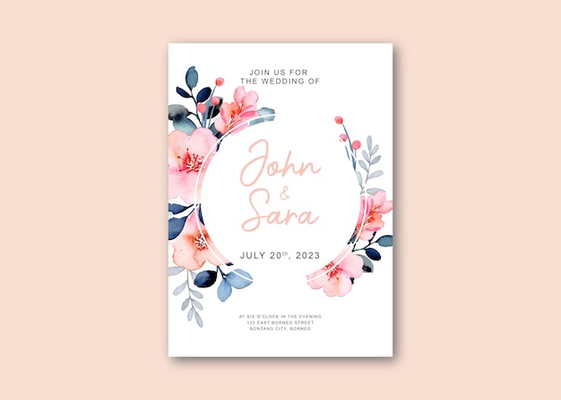 Wedding invitation card with pink blue floral watercolor