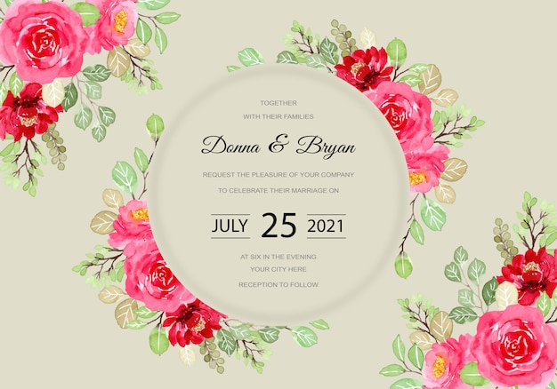 Wedding invitation card with pink floral watercolor