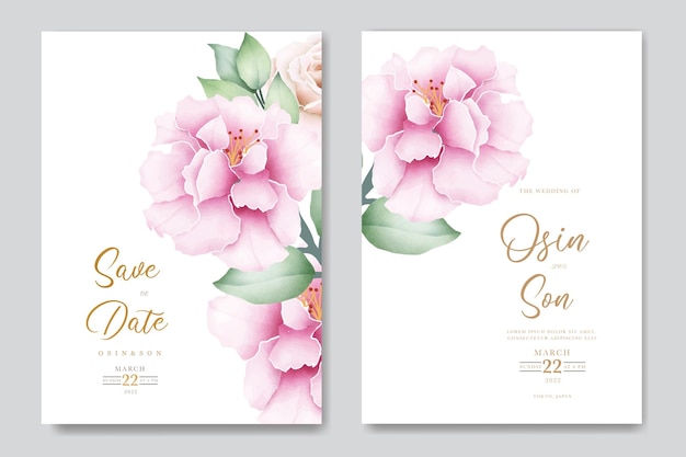 Wedding invitation card with pink flowers and the date