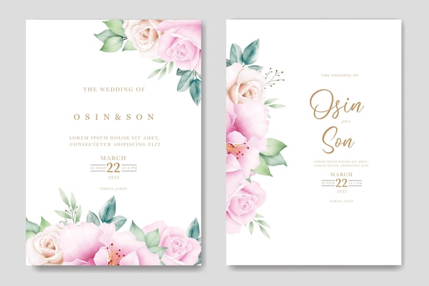 Wedding invitation card with pink flowers on a gray background