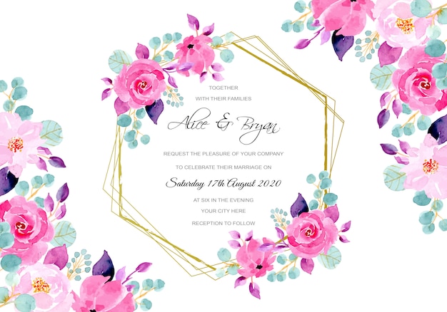 분홍색 보라색 꽃 수채화 결혼식 초대 카드
