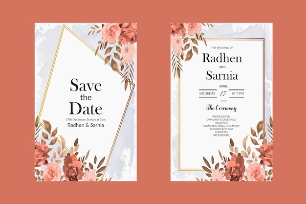 Wedding invitation card with pink rose beautiful blooming floral watercolor Free Vector