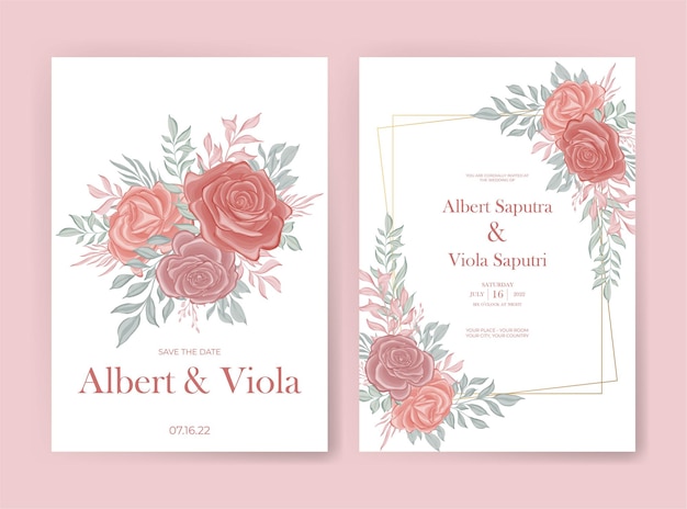 Wedding invitation card with pink rose watercolor