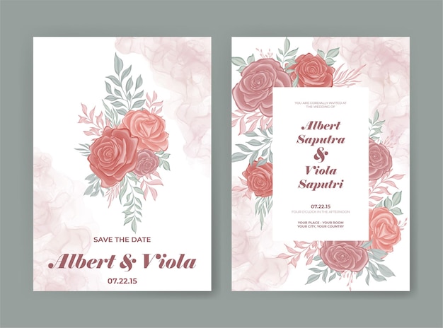 Wedding invitation card with pink rose watercolor