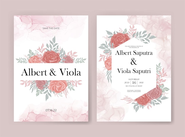 wedding invitation card with pink rose watercolor