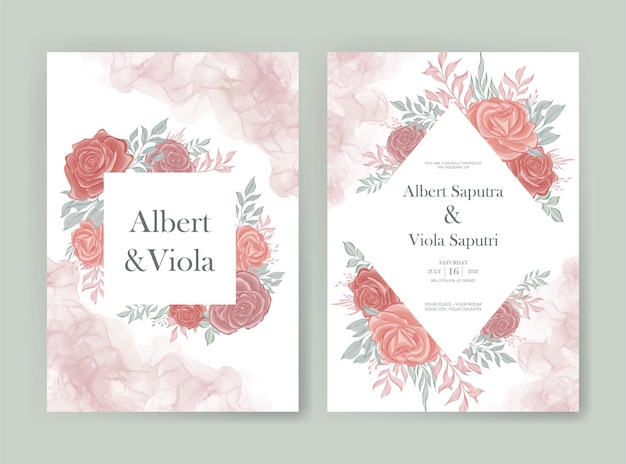 Wedding invitation card with pink rose watercolor