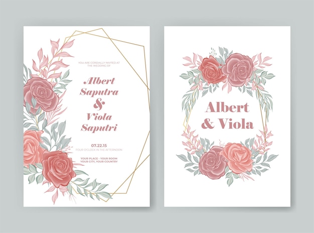 핑크 장미 수채화와 결혼식 초대 카드