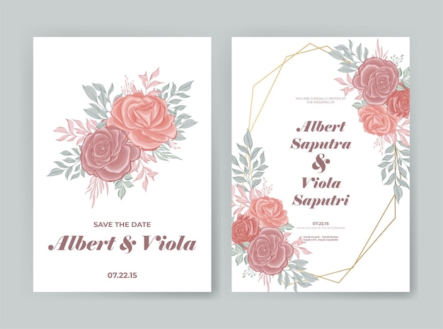 Wedding invitation card with pink rose watercolor