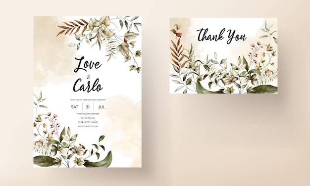 wedding invitation card with pretty watercolor leaves