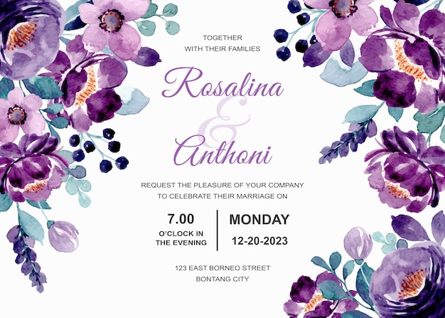 Wedding invitation card with purple floral watercolor