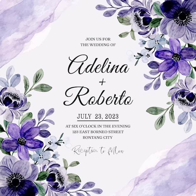 Vector wedding invitation card with purple floral watercolor