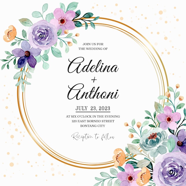 紫緑色の花の水彩画と結婚式の招待カード