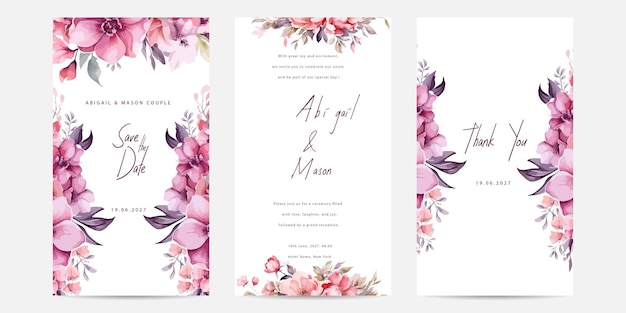 Wedding invitation card with purple pink roses floral design Elegant wedding card template