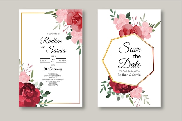赤いバラの美しい咲く花の無料ベクトルと結婚式の招待状