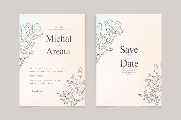 Wedding invitation card with rose flower line art