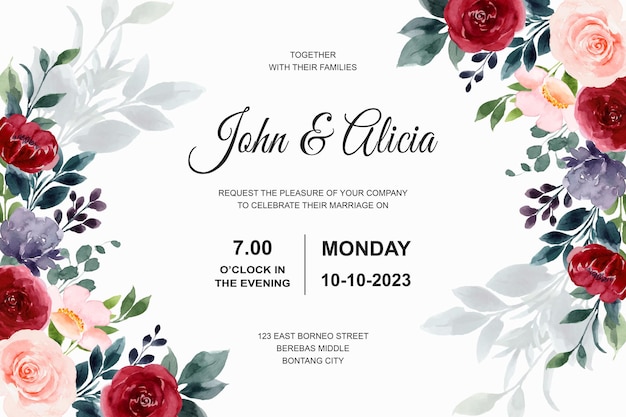 Biglietto d'invito per matrimonio con acquerello di fiori di rosa