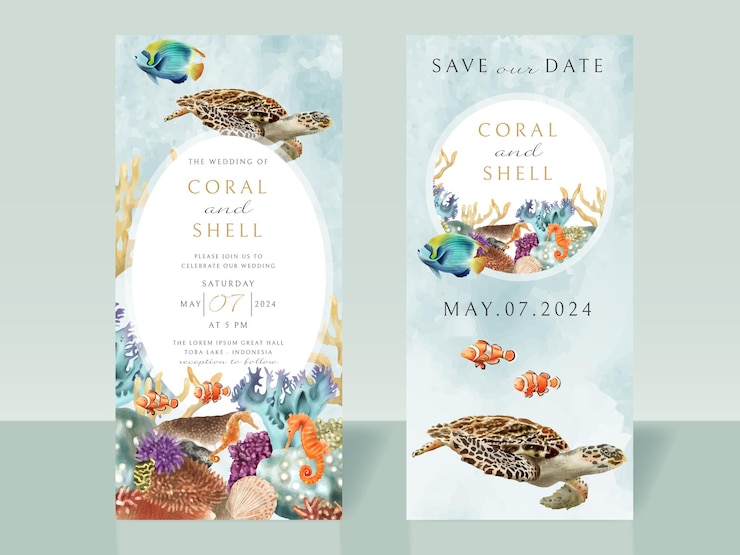 Vector wedding invitation card with under sea illustration