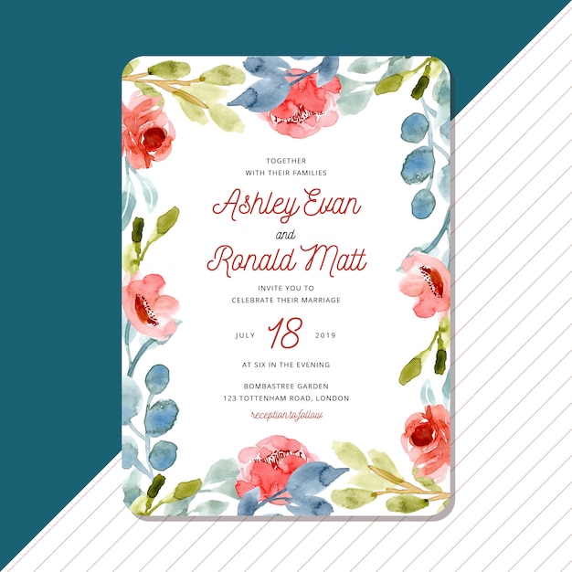 Wedding invitation card with sweet watercolor floral frame