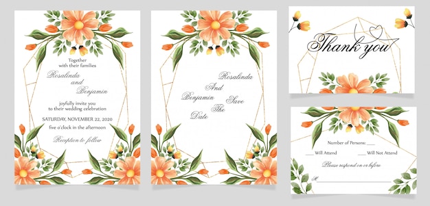 Vector wedding invitation card with thank you and rsvp card