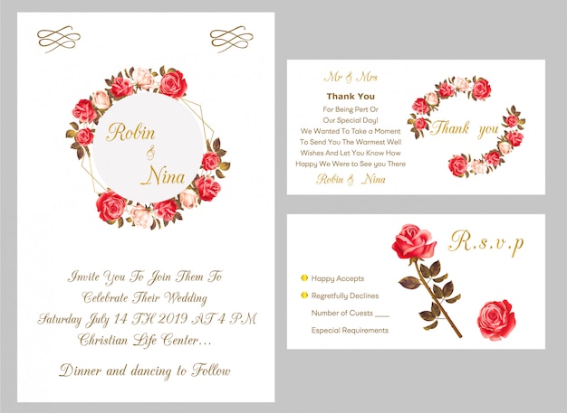 Vector wedding invitation card with thank you and rsvp