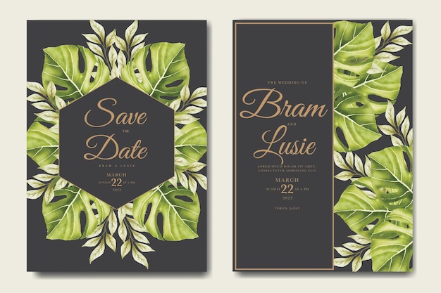 Wedding invitation card with tropical leaves watercolor