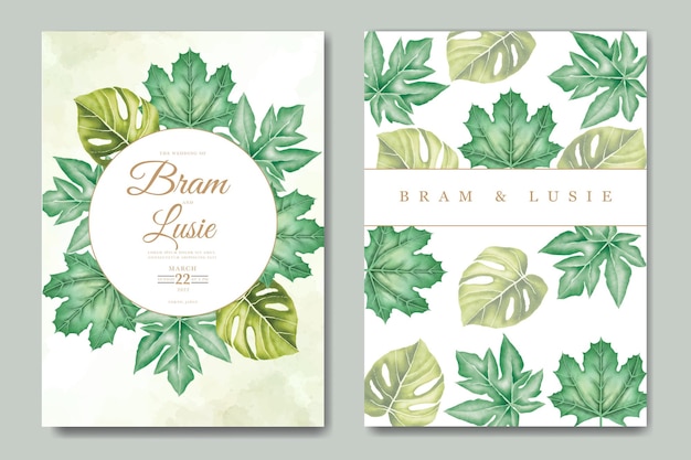 Wedding invitation card with tropical leaves watercolor