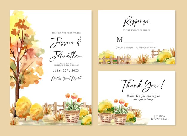 Wedding invitation card with watercolor autumn trees and garden view