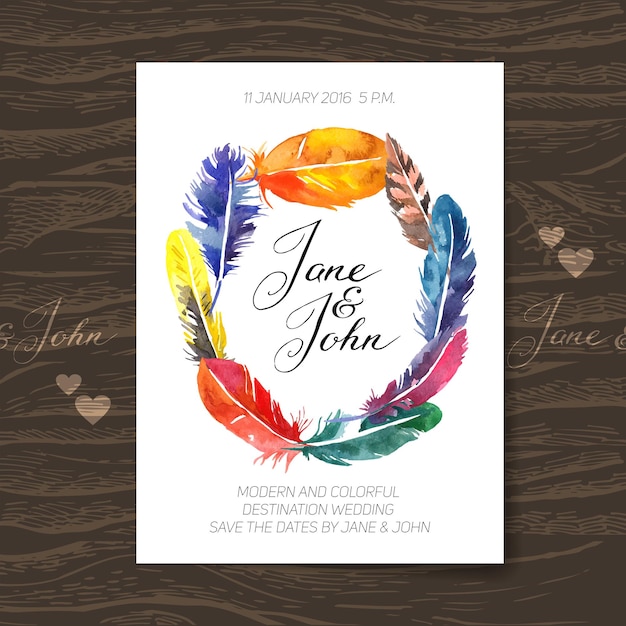 Wedding invitation card with watercolor feathers Boho design Vector illustration