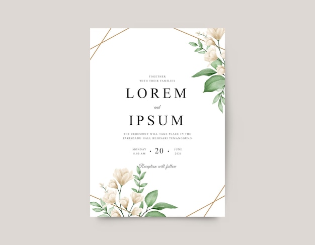 Wedding invitation card with watercolor floral and leaves