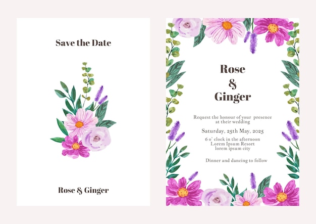 Wedding invitation card with watercolor flower