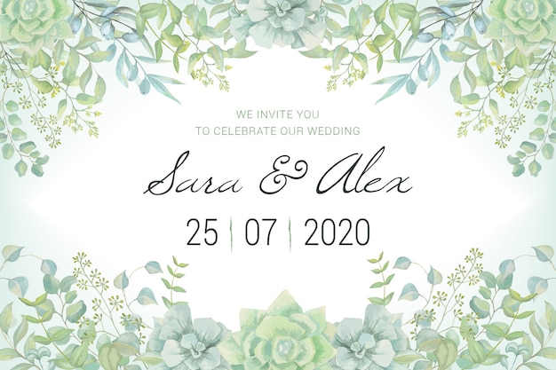 Vector wedding invitation card with watercolor leaves