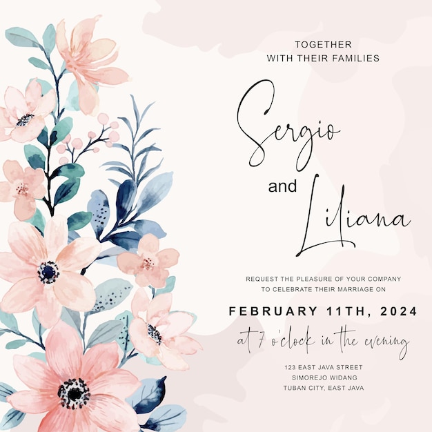 Wedding invitation card with watercolor peach flower