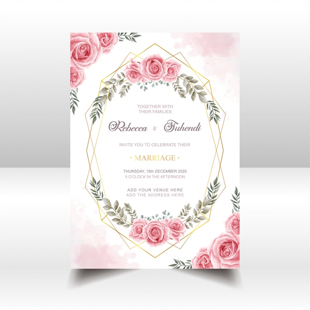 Wedding Invitation Card With Watercolor Rose Flowers