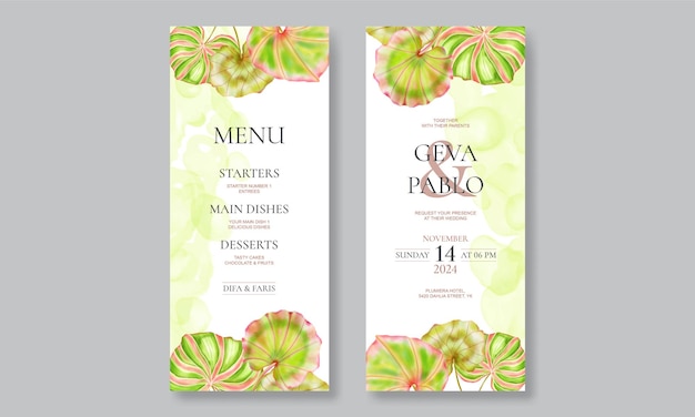 Wedding invitation card with watercolor tropical exotic leaves