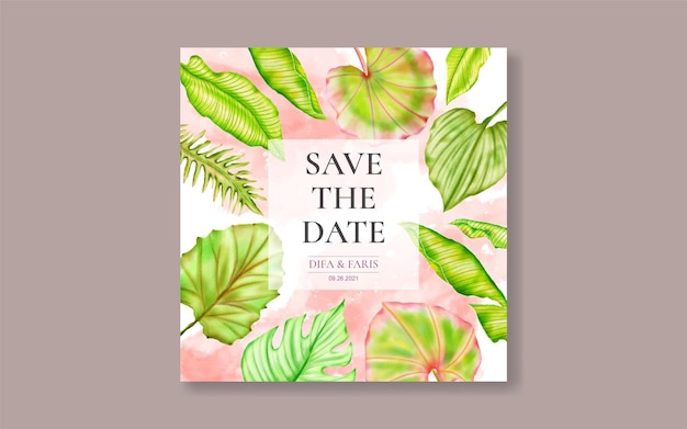 Wedding invitation card with watercolor tropical leaves background