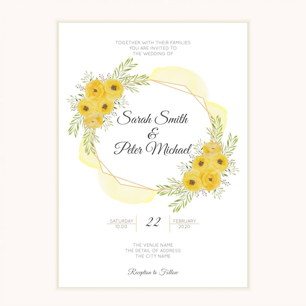 Vector wedding invitation card with watercolor yellow rose frame